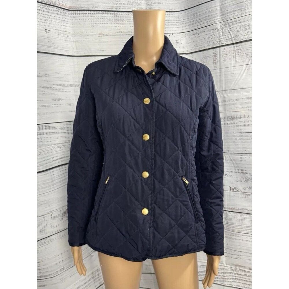 Crown & Ivy Quilted Padded Jacket Navy Blue Petite Small PS Lined Gold Buttons
